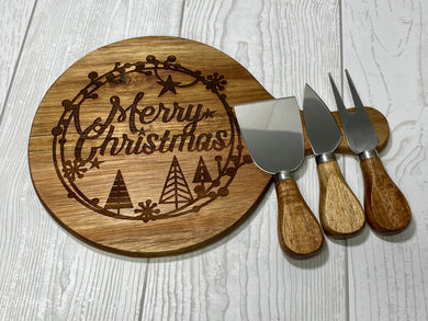 Acacia wood 4 piece cheese set - Laser engraved - Merry Christmas