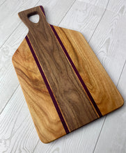 Load image into Gallery viewer, Purple Heart, Walnut, Canary Wood Tray | Ottoman Tray | Cheese Board | Cutting Board | Charcuterie Board | Handmade