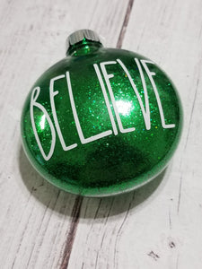 Hand glittered Ornament - Green, Believe Ornament