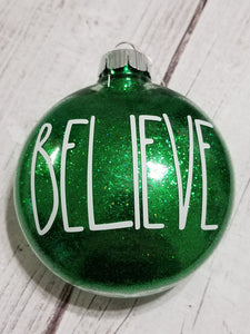 Hand glittered Ornament - Green, Believe Ornament