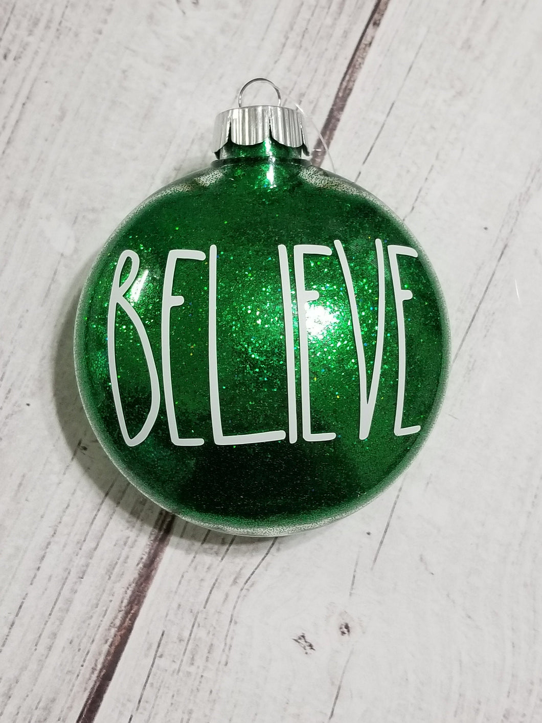 Hand glittered Ornament - Green, Believe Ornament